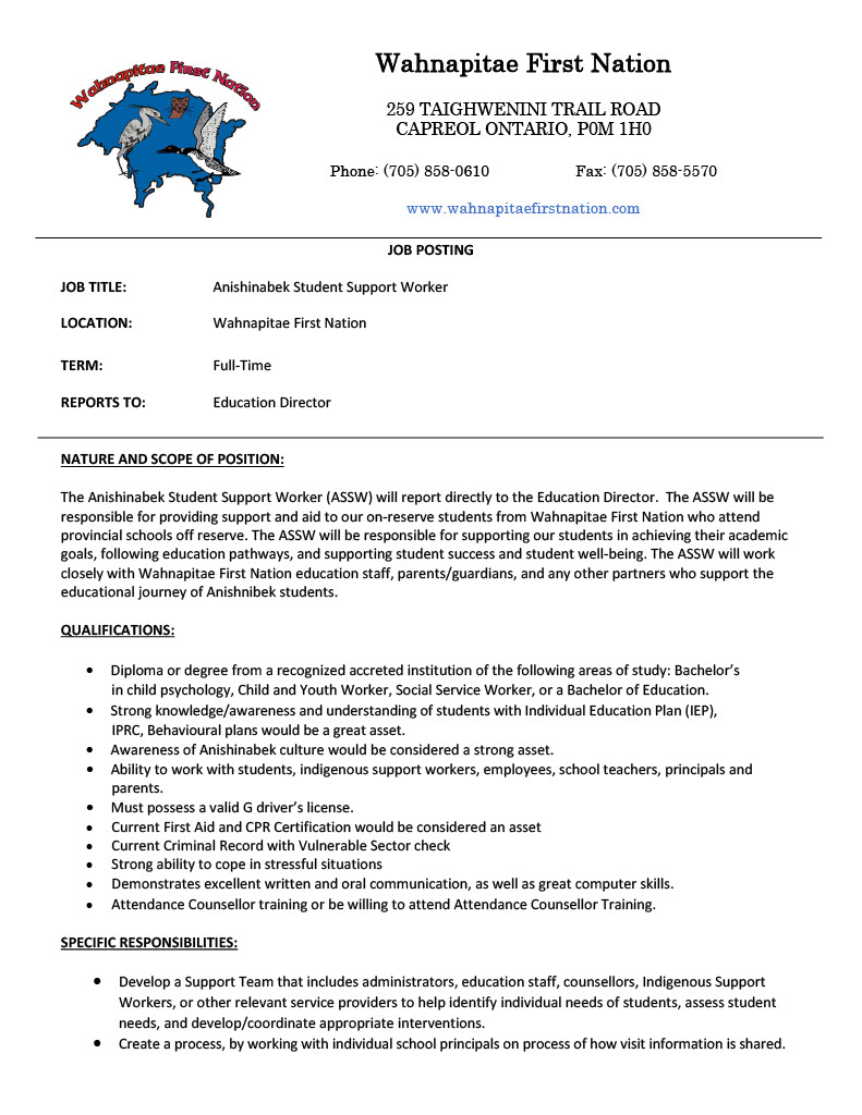 Anishinabek Student Support Worker Job Ad p1