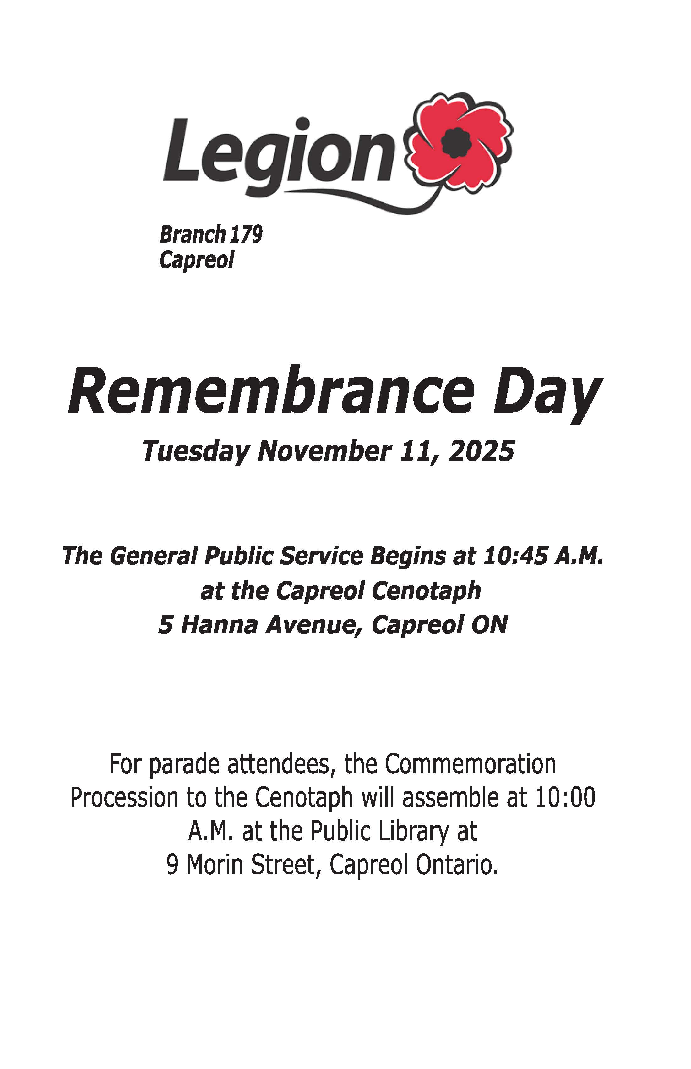 Remembrance Day - Capreol Legion